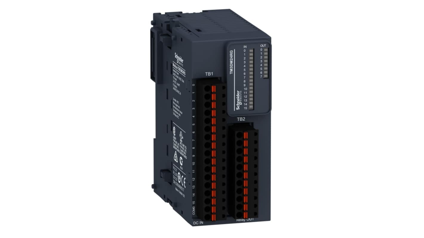 Modulo I/O PLC Schneider Electric TM3DM24RG, 16 ingressi e 8 uscite relè, dimensioni 90 x 39,1 x 70 mm, compatibile con Modicon M221, M241 e M251.