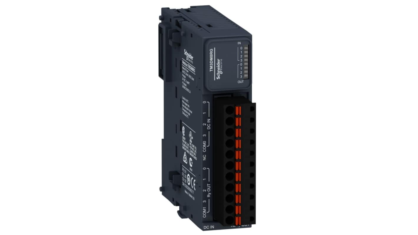 Modulo I/O PLC Schneider Electric TM3DM8RG, 4 ingressi e 4 uscite relè, dimensioni 90 x 23,6 x 70 mm, compatibile con Modicon M221.