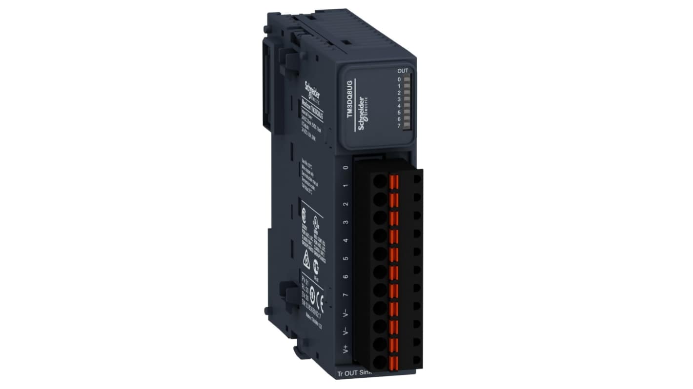 Modulo I/O digitale Schneider Electric TM3DQ8UG, 8 uscite a transistor, dimensioni 90 x 23,6 x 70 mm, compatibile con Modicon M221, M241 e M251.