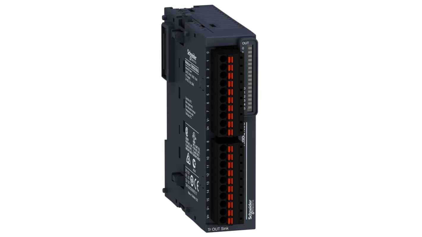 Modulo I/O PLC Schneider Electric TM3DQ16UG, 16 uscite digitali, dimensioni 90 x 23,6 x 70 mm, compatibile con Modicon M221, M241 e M251.