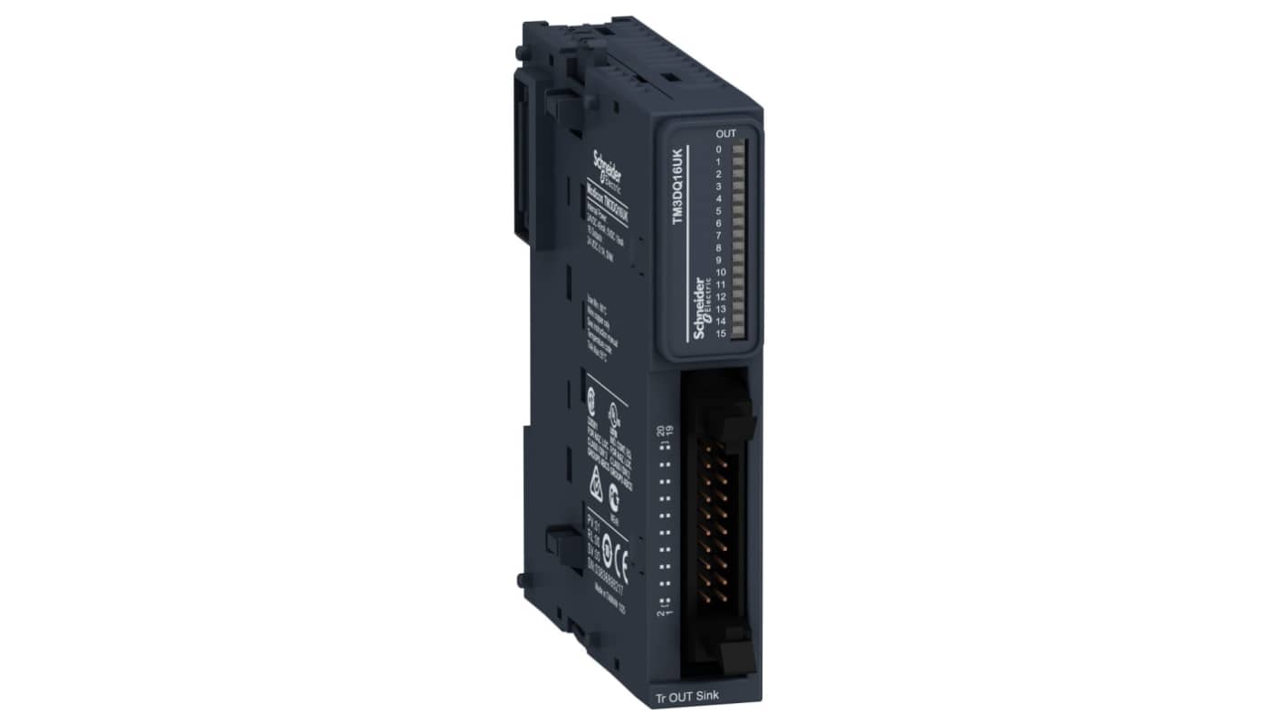 Modulo I/O PLC Schneider Electric TM3DQ16UK, 16 uscite digitali, dimensioni 90 x 17,6 x 70 mm, compatibile con Modicon M221, M241 e M251.