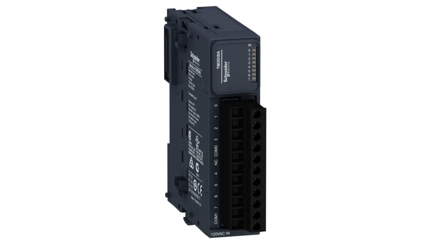 Modulo I/O digitale Schneider Electric TM3DI8A per PLC, 8 ingressi, compatibile con Modicon M221, M241, M251. Dimensioni 90 x 23,6 x 70 mm.