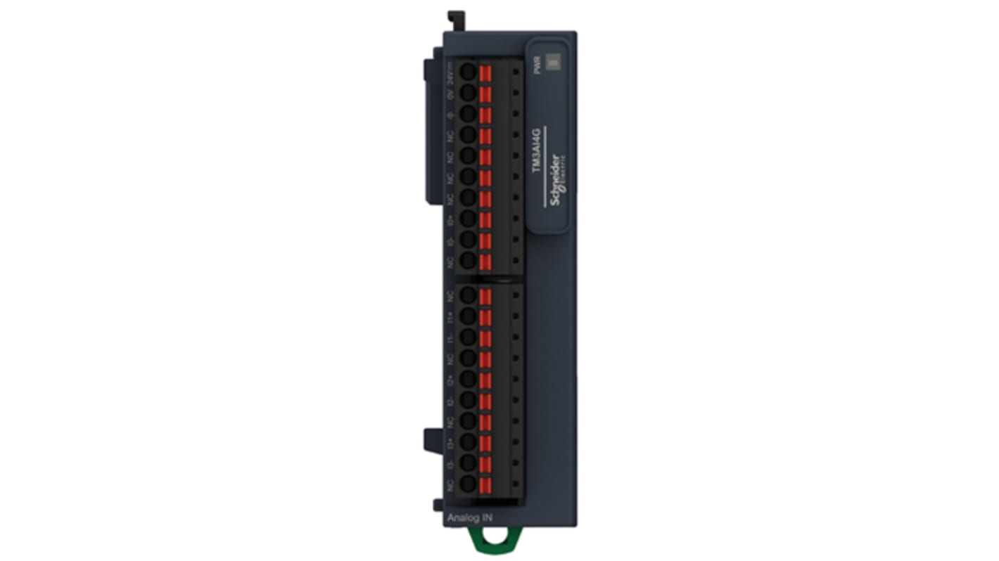 Modulo I/O Schneider Electric TM3AI4G per PLC Modicon FC4A, 4 ingressi analogici, alimentazione 24 V c.c., dimensioni 90 x 23,6 x 70 mm.