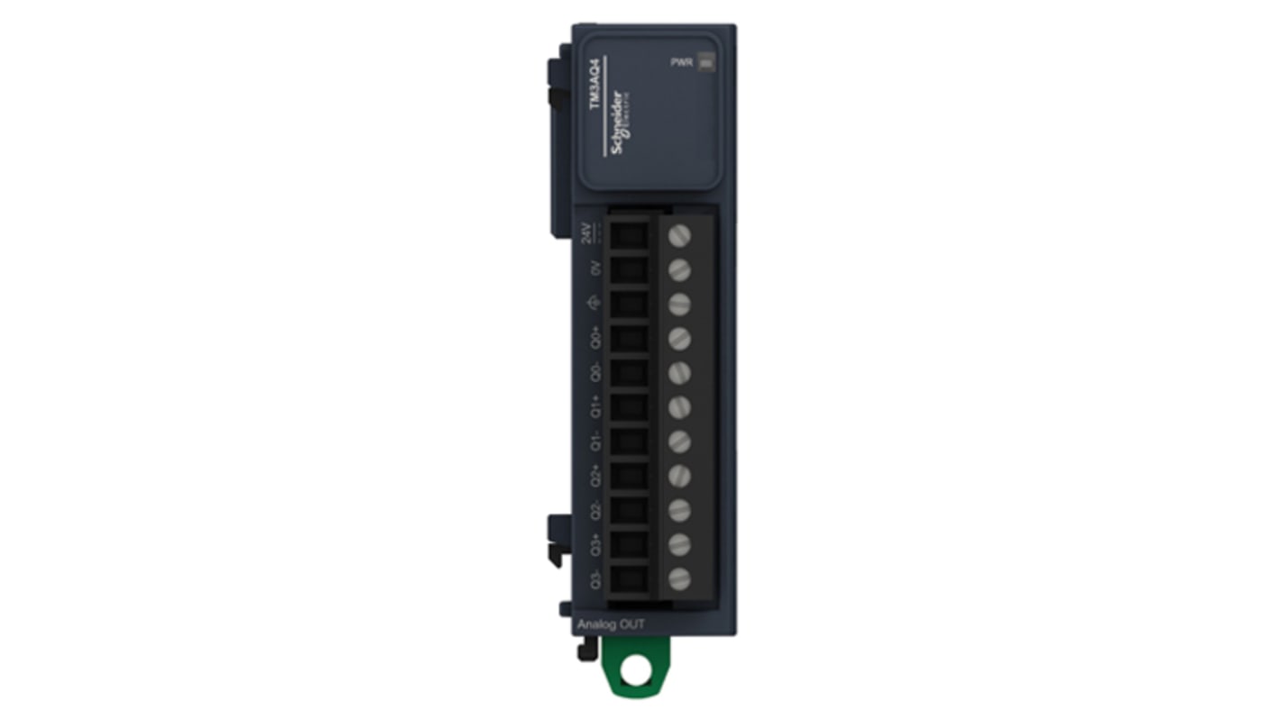 Schneider Electric TM3AQ4 Modulo I/O PLC per Modicon M221, M241 e M251. Uscite analogiche in corrente e tensione. Automazione industriale.