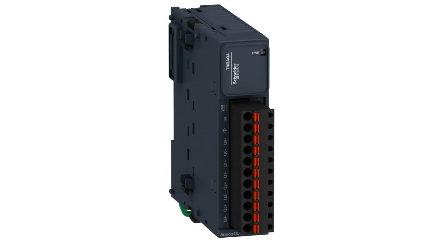 Modulo I/O PLC Schneider Electric TM3AQ4G, 4 uscite analogiche, compatibile con Modicon M221, M241, M251, dimensioni 90 x 23,6 x 70 mm.