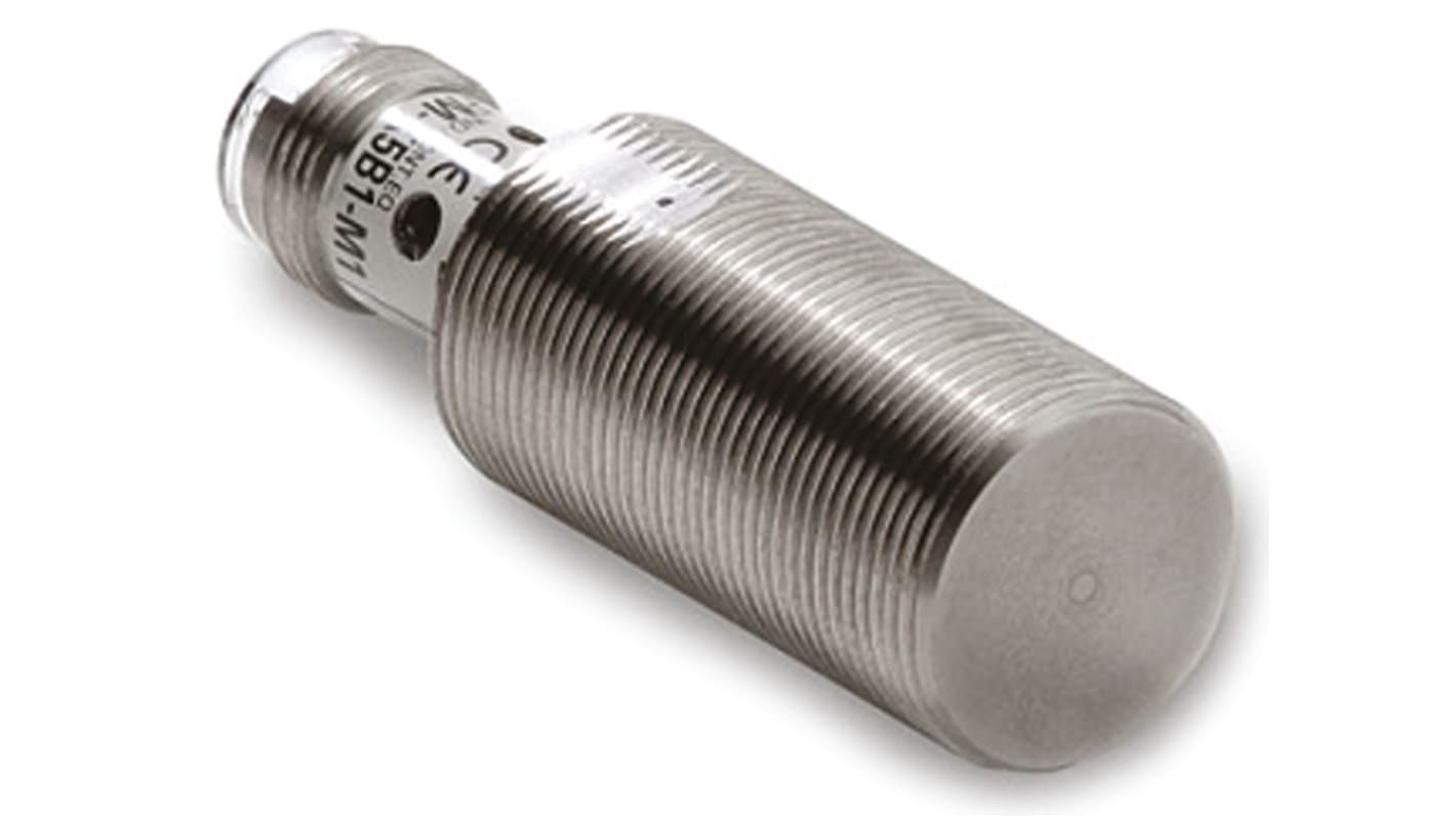 Sensore di prossimità cilindrico NPN Omron E2FM-X5C1-M1, M18 x 1, rilevamento 5 mm, alloggiamento in acciaio inox, IP67.