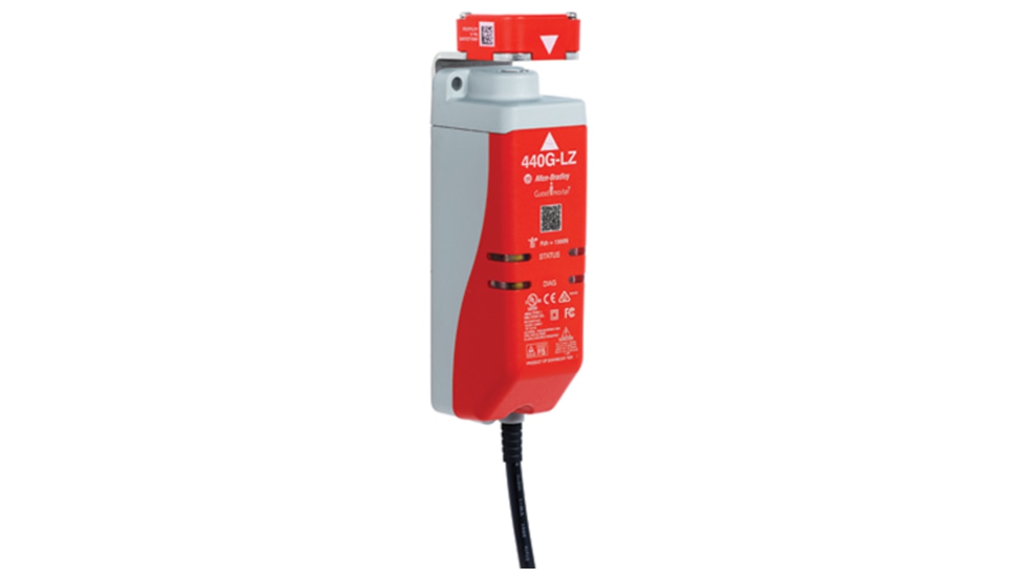 Interruttore di interblocco a solenoide Allen Bradley Guardmaster 440G-LZS21SPLB, 24V cc, IP66/IP67/IP69K, con attuatore RFID. Dimensioni 140x45x50 mm.