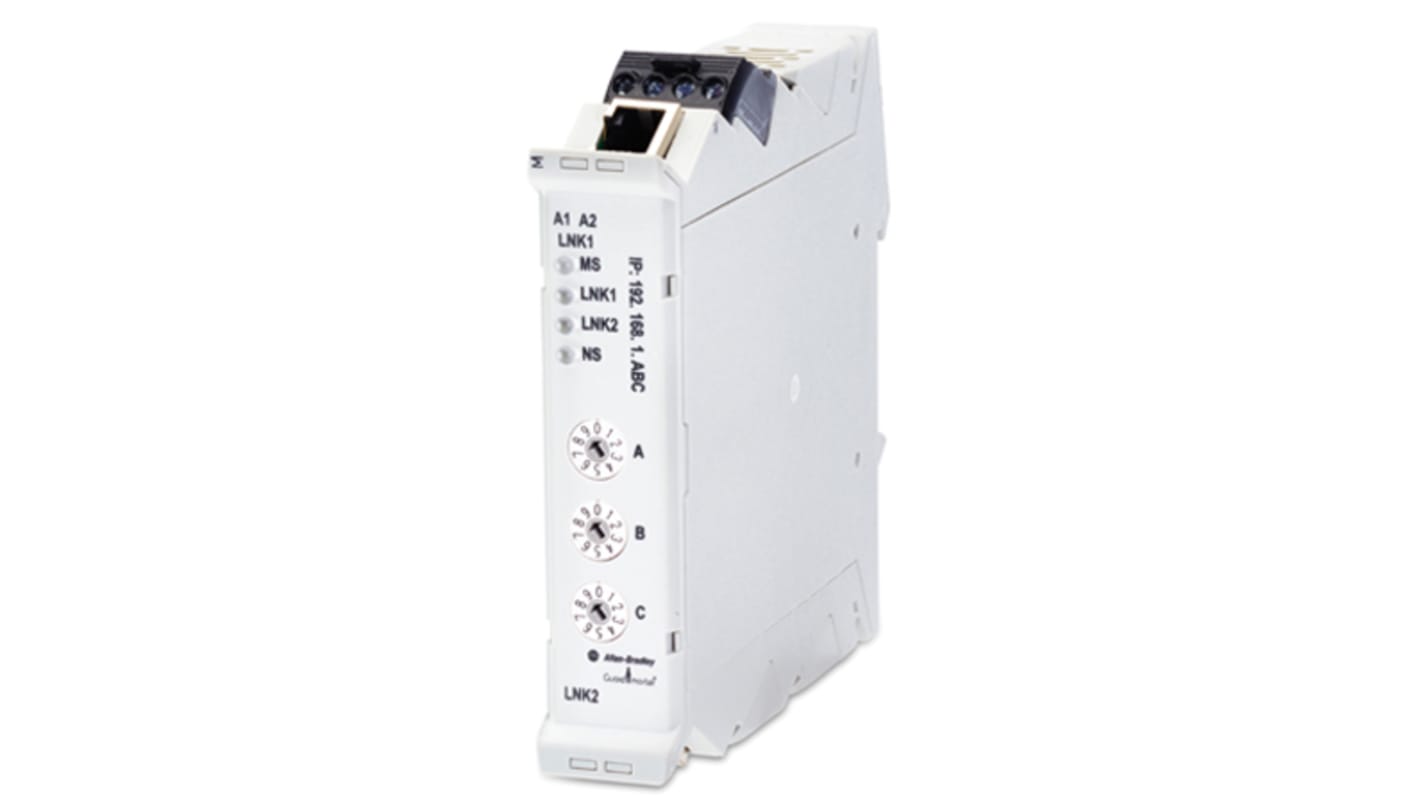 Modulo d'interfaccia Ethernet Allen Bradley Guardmaster 440R-ENETR, montaggio su guida DIN, dimensioni 111,4 x 22,5 x 113,6 mm.