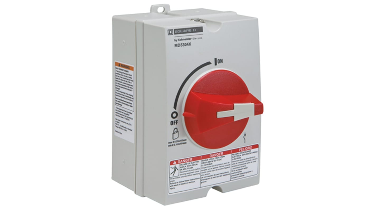 Interruttore di isolamento Schneider Electric MD3304X, 1P, 30A, 600V, montaggio a pannello, design NEMA 4X, dimensioni 4.37x3.9x6.38 pollici.