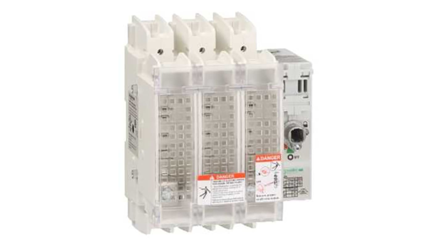 Sezionatore portafusibili Schneider Electric GS2JU, 3 poli, 100A, montaggio su guida DIN, isolamento di sicurezza.