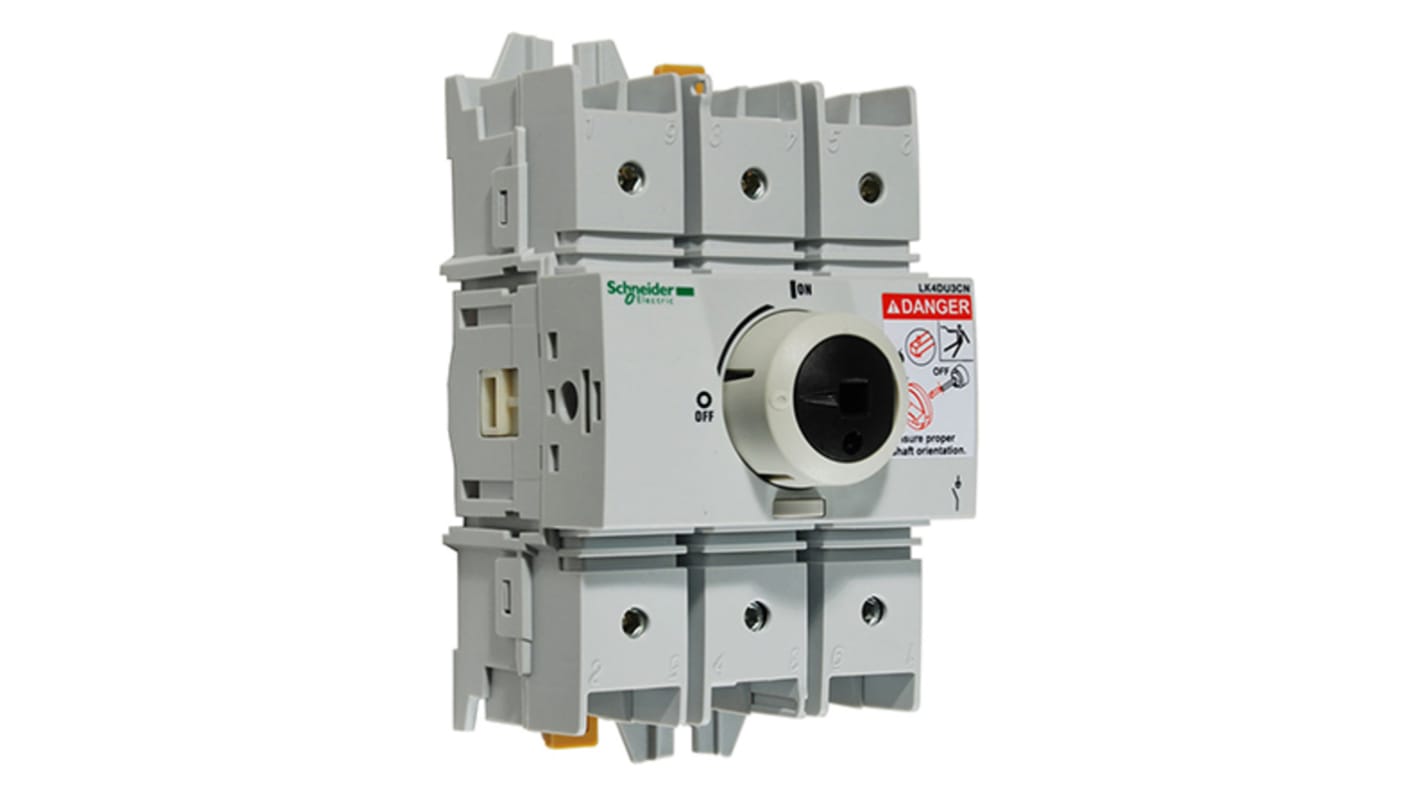 Interruttore di isolamento Schneider Electric LK4DU3CN, 3 poli, 30A, 600V, grado di protezione IP54/IP65, dimensioni 64mm x 79.5mm x 125mm.
