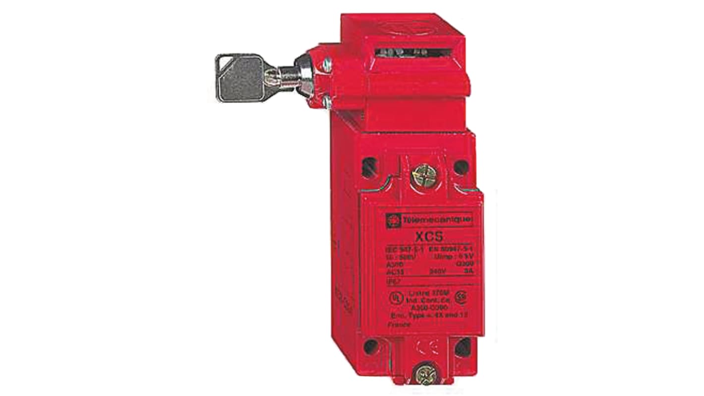 Interruttore di interblocco di sicurezza a chiave Telemecanique Sensors XCSC703, 2NC/1NA, IP67, attivazione a linguetta, dimensioni 114x52x44mm.
