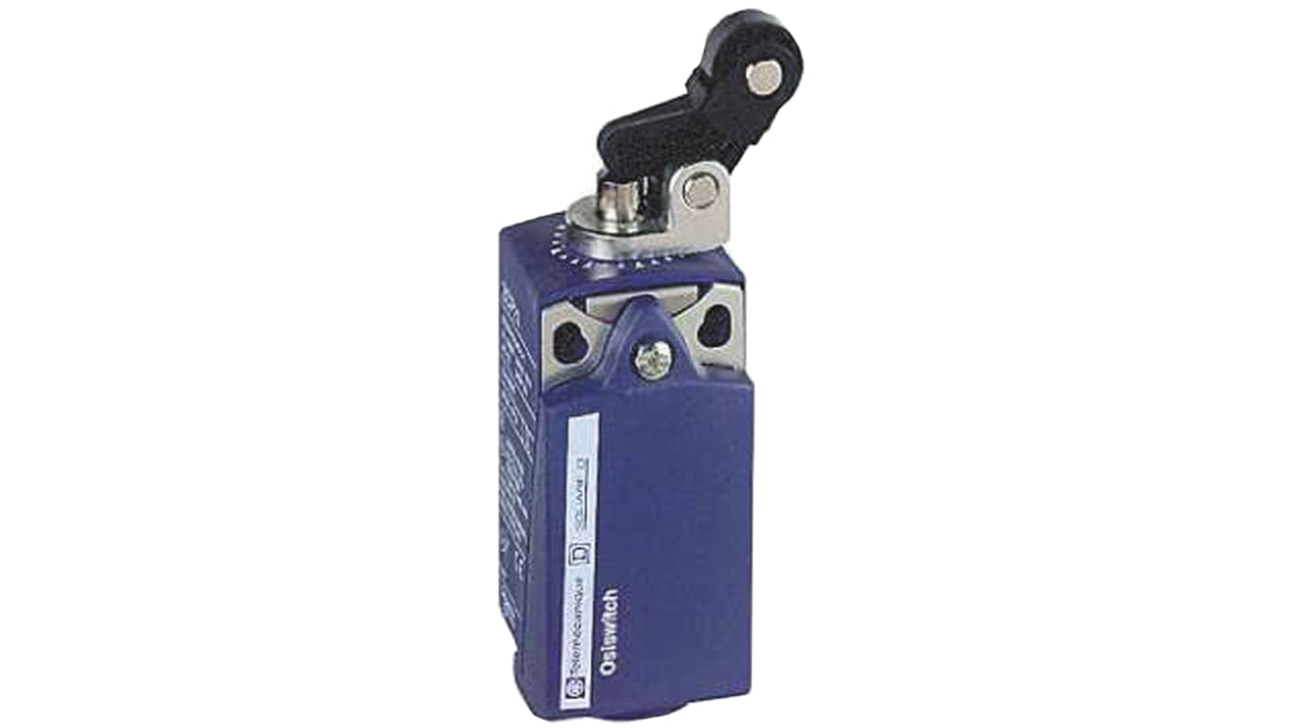 Interruttore di fine corsa a rotella Telemecanique Sensors XCKP2127N12, configurazione NO/NC, protezione IP66/IP67, dimensioni 65x31x30 mm.