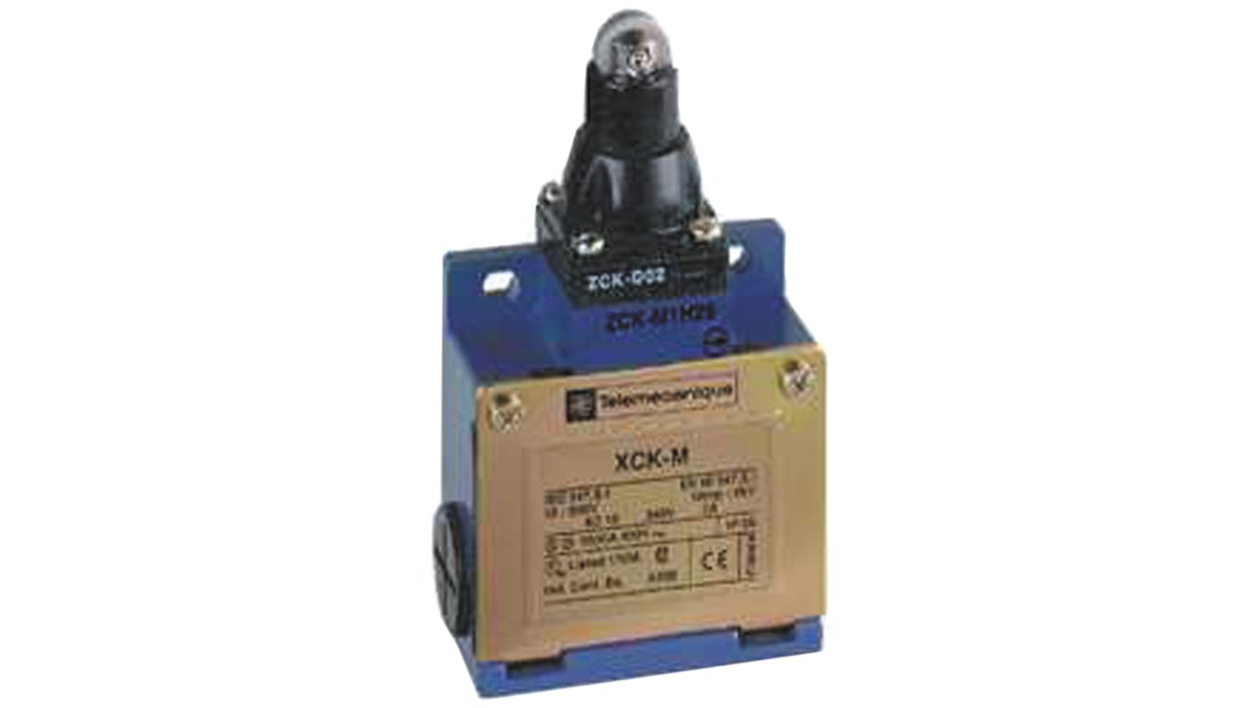 Interruttore di fine corsa Telemecanique Sensors XCKM102H7 con leva a rullo, configurazione NO/NC, grado di protezione IP66, dimensioni 64mm x 63mm x 30mm.