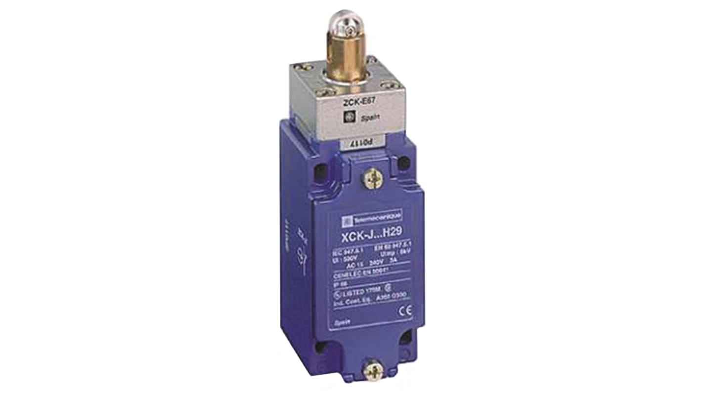 Interruttore di fine corsa a leva a rullo Telemecanique Sensors XCKJ167H7, configurazione NO/NC, grado di protezione IP66, dimensioni 77x40x44 mm.