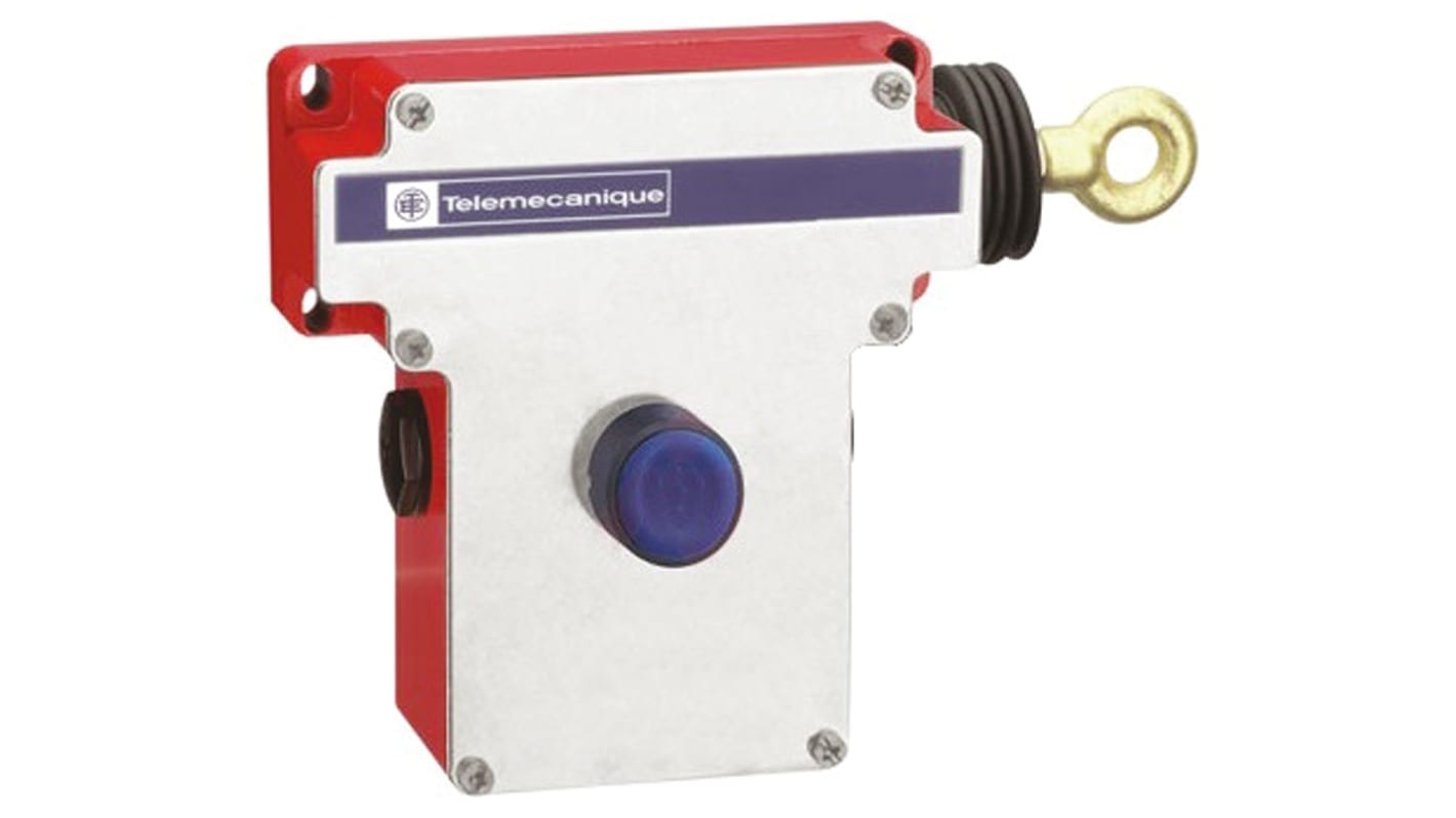 Interruttore a fune Telemecanique Sensors XY2-CE, montaggio sinistro, cavo 50m, configurazione NO/NC, dimensioni 5.6 x 7.8 x 4.1 pollici.