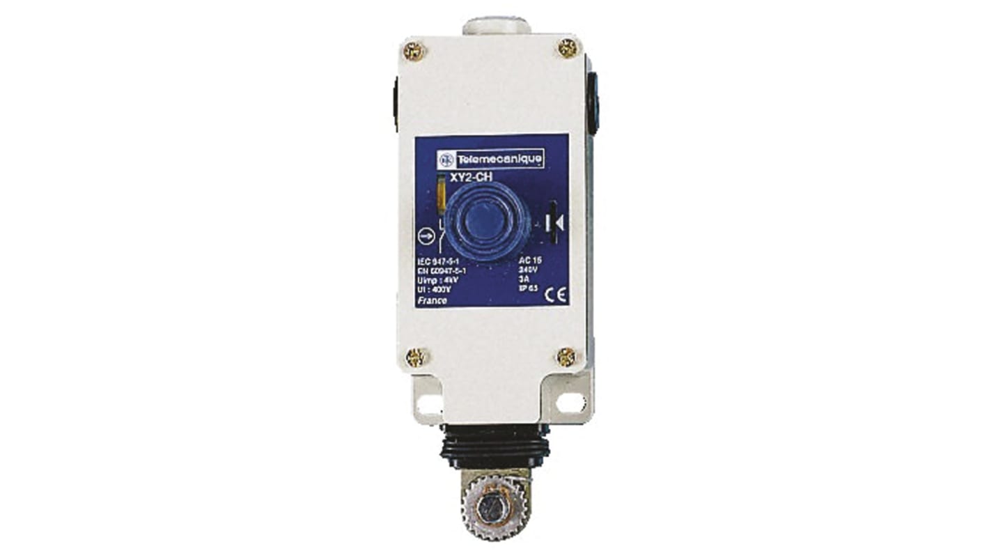 Interruttore a fune Telemecanique Sensors XY2CH13250H7, montaggio diritto, cavo 15m, configurazione NO/NC, dimensioni 2.7 x 7.9 x 1.57 pollici.