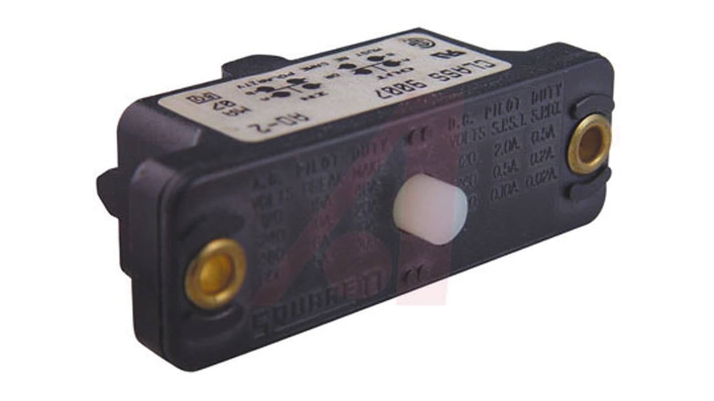 Interruttore di fine corsa Telemecanique Sensors 9007AO2, stantuffo NO/NC, montaggio verticale, custodia metallica, dimensioni 63.5mm x 29mm x 21mm.