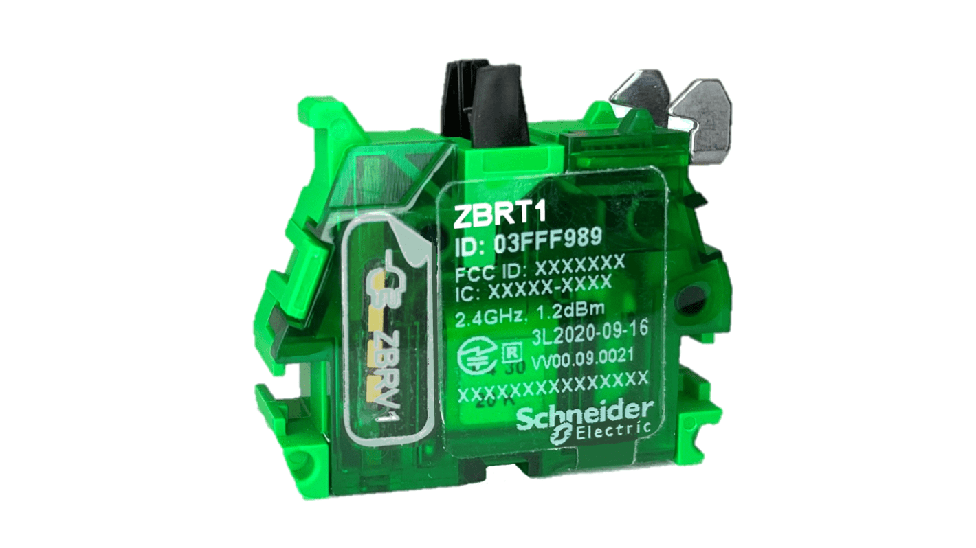 Trasmettitore a pulsante Schneider Electric ZBRT1, corpo verde, dimensioni 41,5 x 30 x 43 mm, protezione IP30.