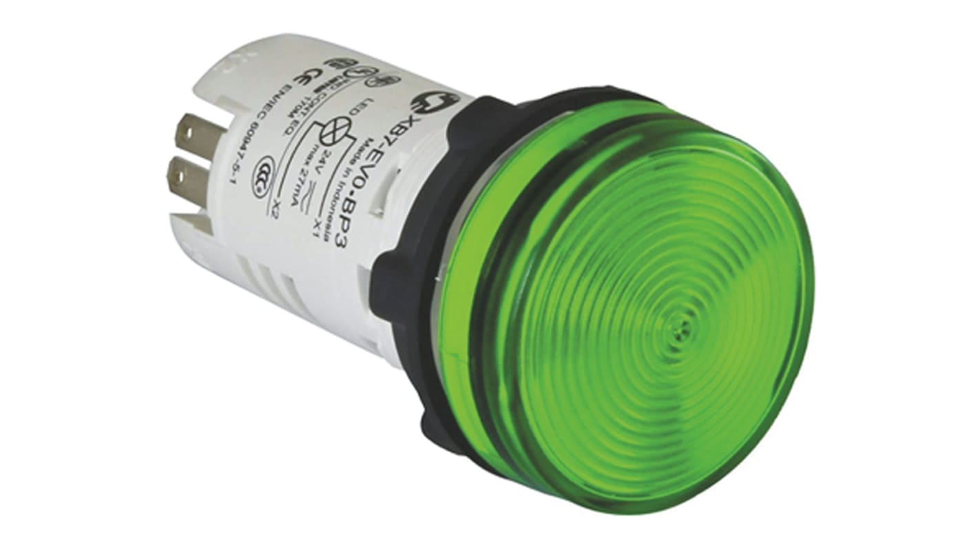 Spia LED verde Schneider Electric, montaggio a pannello, diametro foro 22mm, tensione 230-240V, protezione IP65.