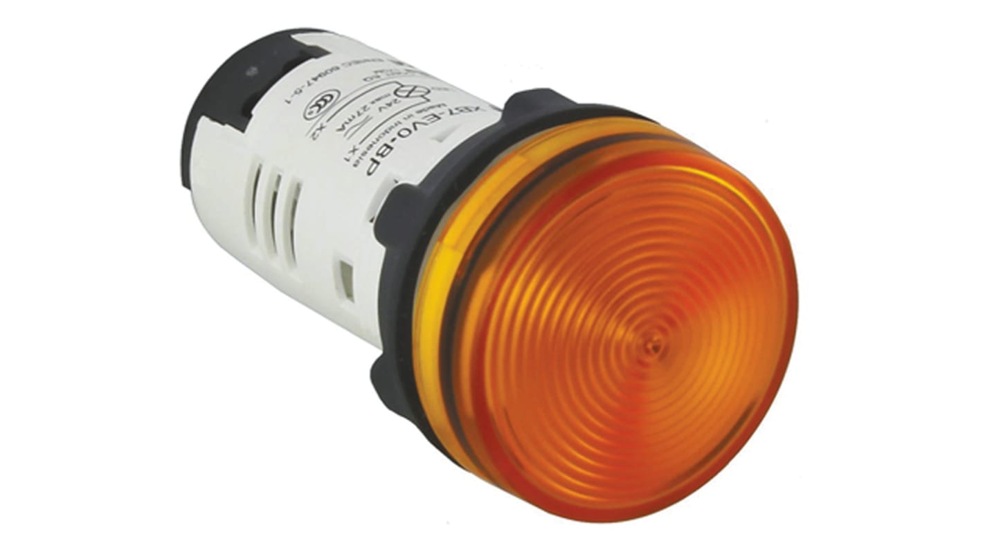 Spia LED arancione Schneider Electric XB7EV08MP, montaggio a pannello, foro 22mm, tensione 230-240V AC, protezione IP65.