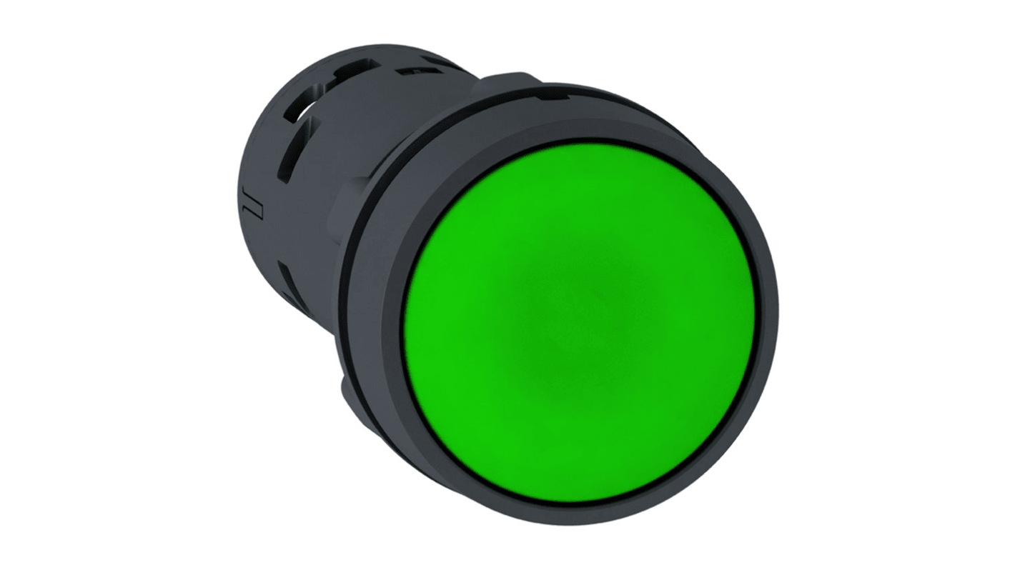 Pulsante SPDT rotondo verde Schneider Electric, montaggio a pannello 22 mm, ritorno a molla, per applicazioni industriali.