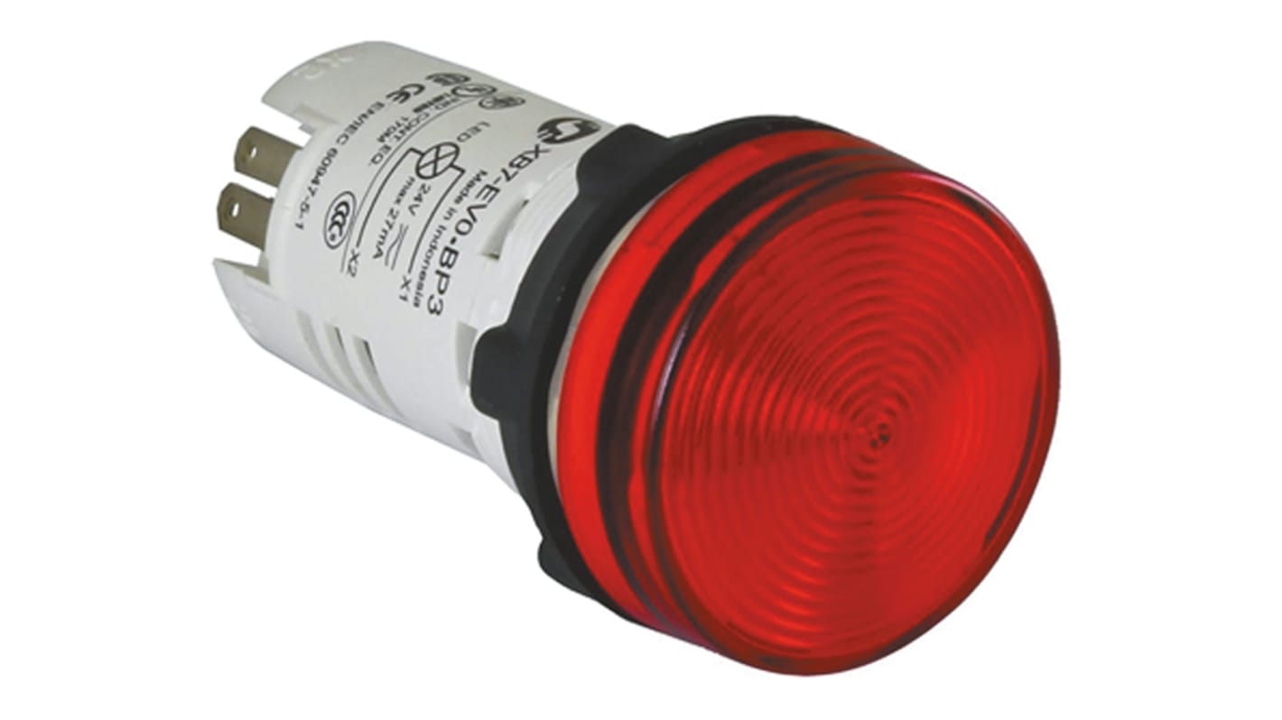 Spia LED rotonda Schneider Electric, montaggio a pannello, diametro foro 22mm, tensione 230-240V AC, colore rosso, protezione IP65.