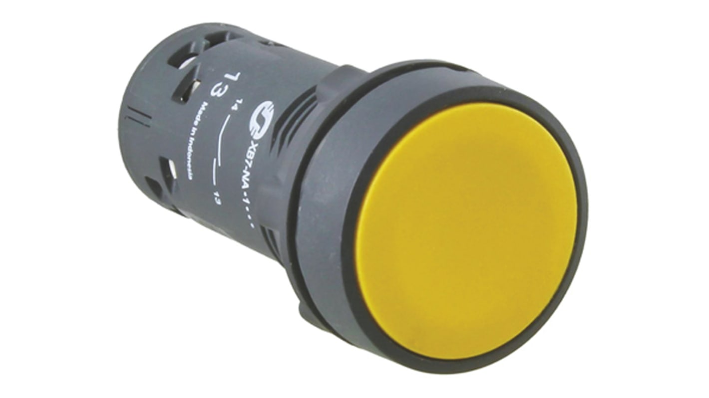 Pulsante SPDT rotondo giallo Schneider Electric XB7NA85, montaggio a pannello, diametro 22 mm, ritorno a molla.