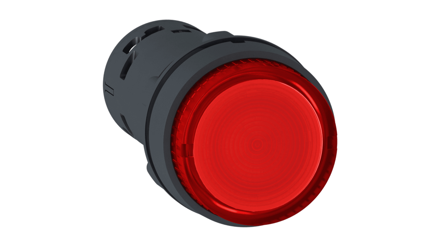 Pulsante luminoso SPST rosso Schneider Electric, montaggio a pannello, diametro foratura 22 mm, tensione 24V, design ergonomico.