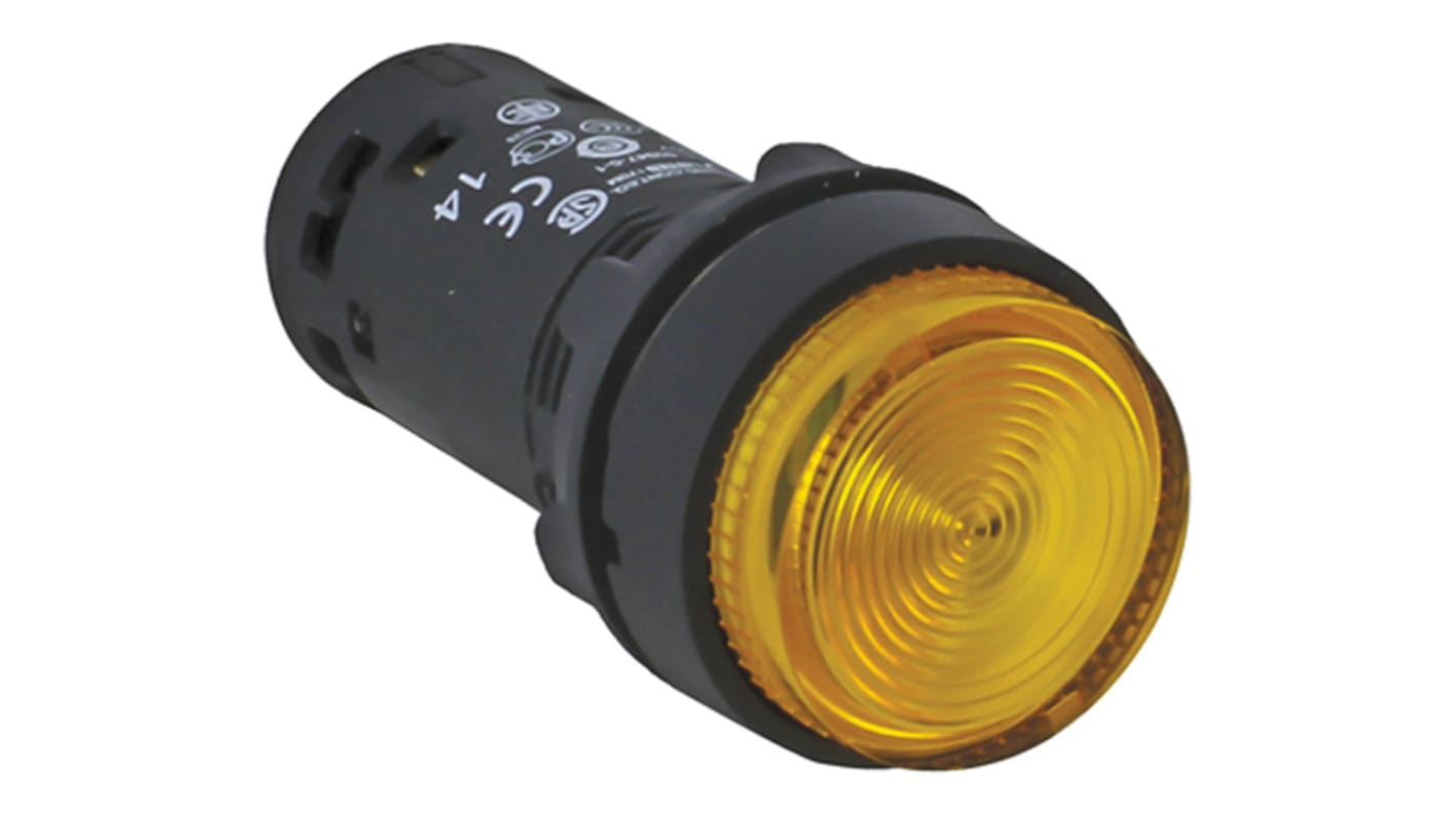 Pulsante SPST luminoso giallo Schneider Electric, montaggio a pannello, diametro foratura 22mm, LED integrato.