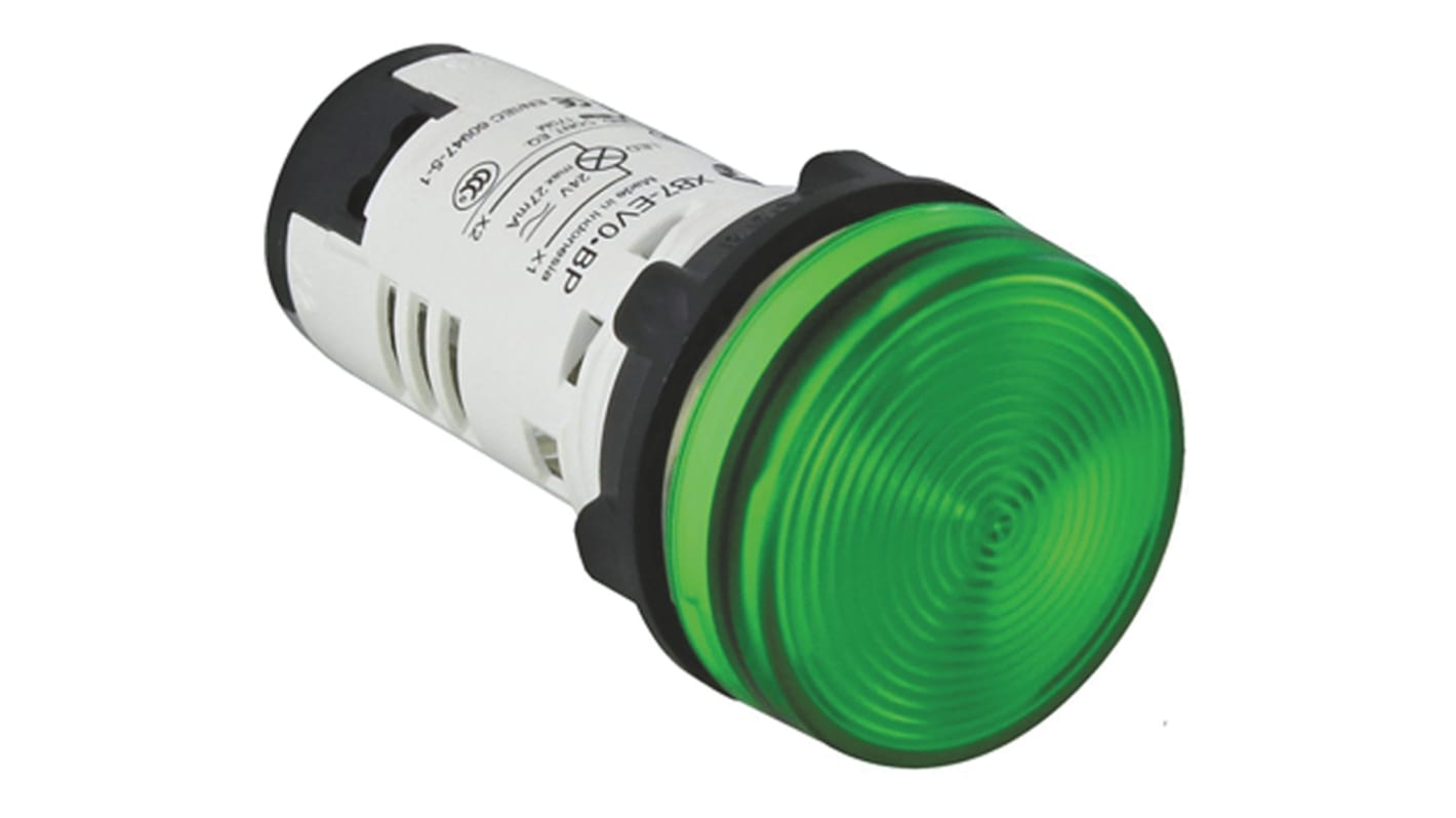 Spia LED verde Schneider Electric, montaggio a pannello 22mm, protezione IP20/IP65, tensione 120V, corrente 18-21mA.