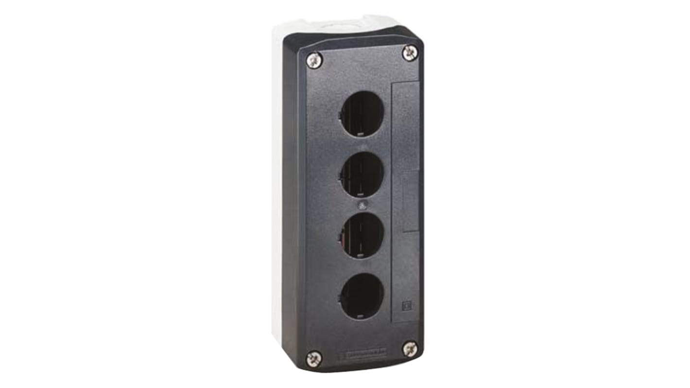 Contenitore stazione di controllo Schneider Electric XALD04H7, grigio, IP65, 4 fori da 22mm, dimensioni 68x53x166mm. Montaggio a filo.