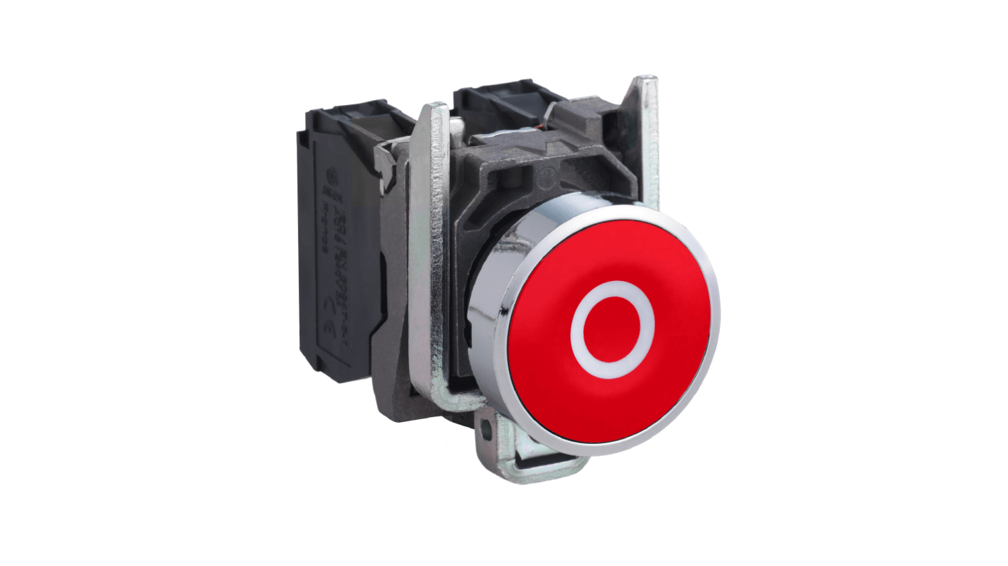 Pulsante SPST rosso Schneider Electric XB4BA4322, montaggio a pannello, diametro 22 mm, cornice metallica, ritorno a molla.