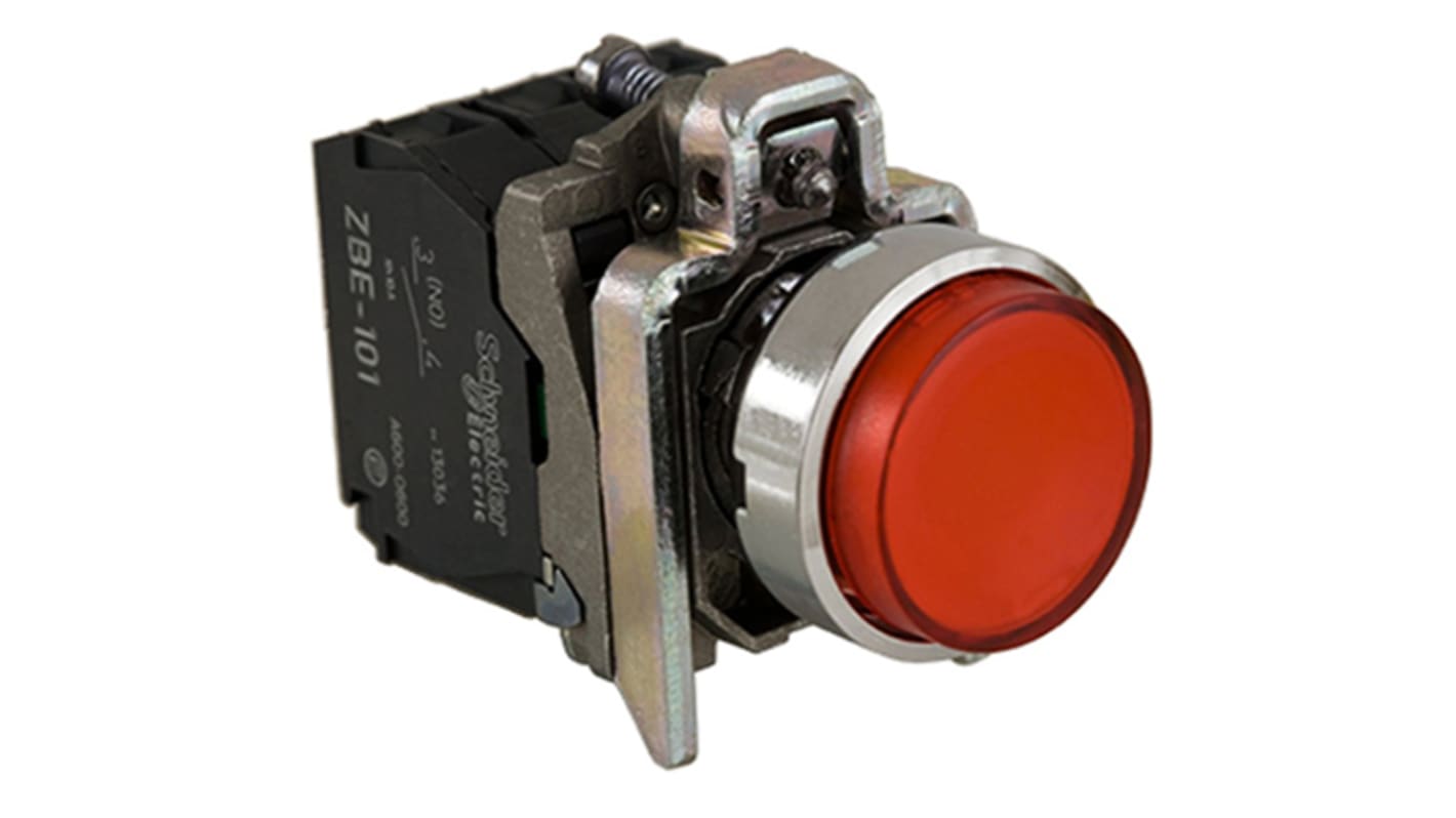 Pulsante luminoso rotondo Schneider Electric, montaggio a pannello, diametro foratura 22 mm, cornice cromata, colore rosso.