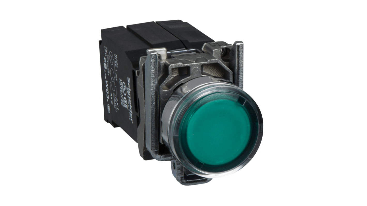 Pulsante luminoso Schneider Electric XB4BW3335, montaggio a pannello, SPDT, cornice cromata, colore verde, diametro 22 mm.