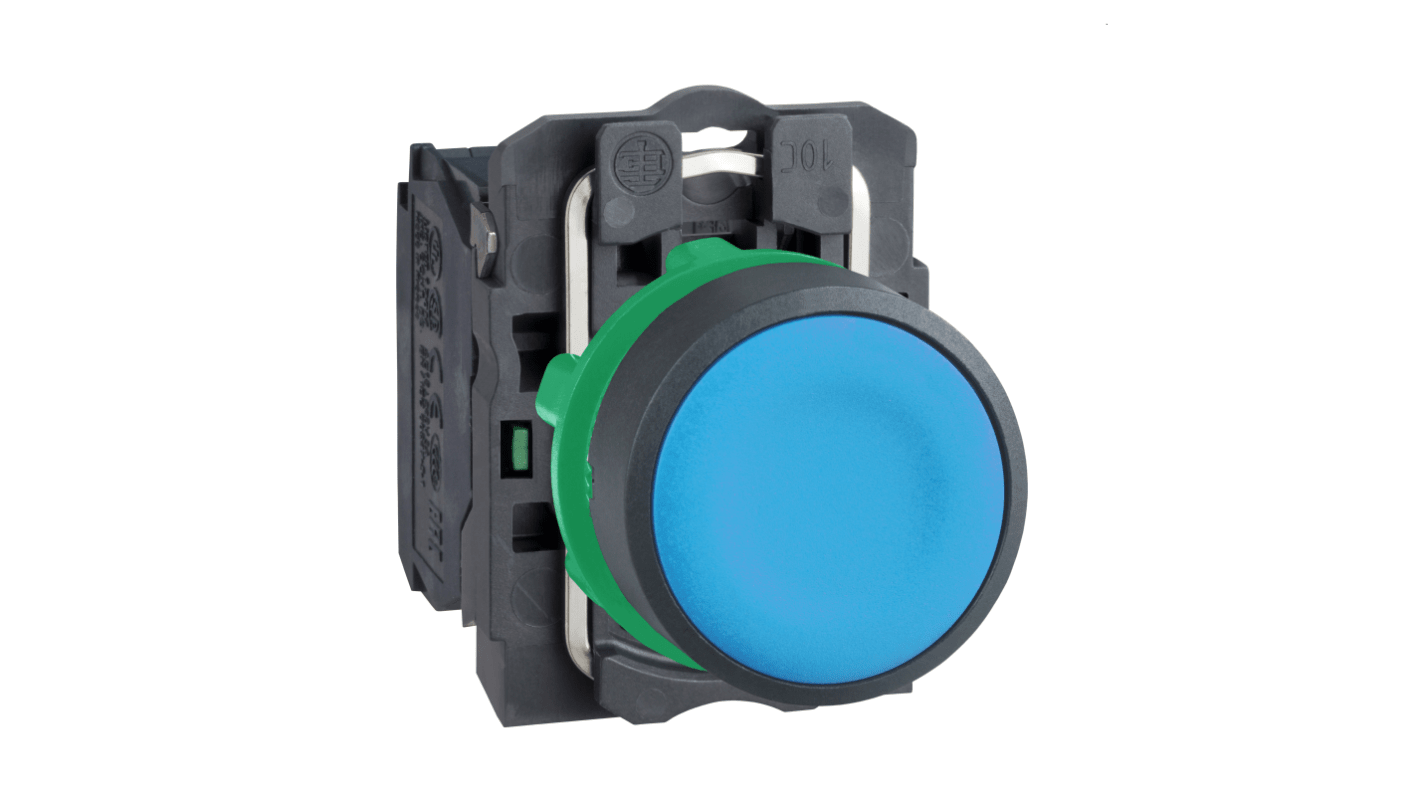 Pulsante SPST blu Schneider Electric XB5AA61, montaggio a pannello 22mm, contatto a vite, max 600V, temperatura -25°C/+70°C.