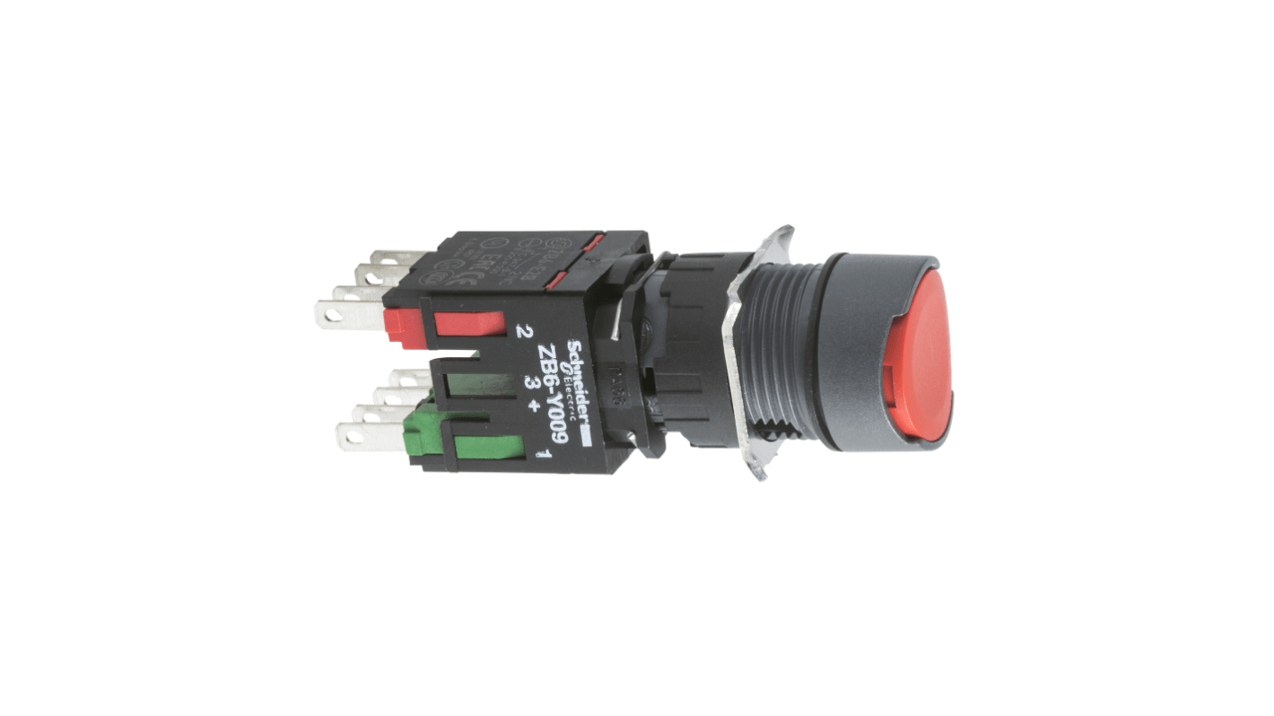 Pulsante rotondo rosso Schneider Electric XB6AA45B, montaggio a pannello, protezione IP65, diametro foratura 16 mm.