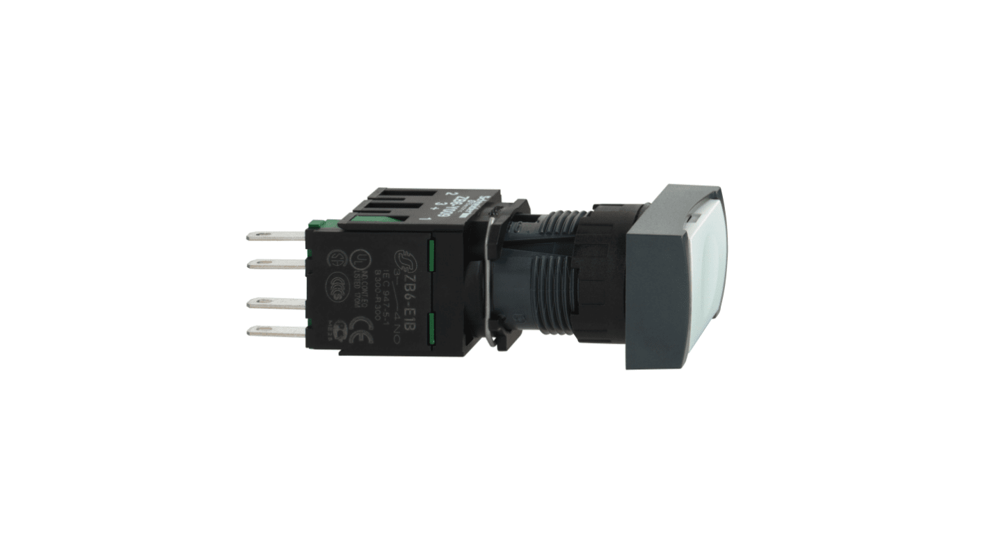 Pulsante Schneider Electric XB6DA11B, montaggio a pannello, testa rettangolare bianca, protezione IP65, diametro foratura 16mm.