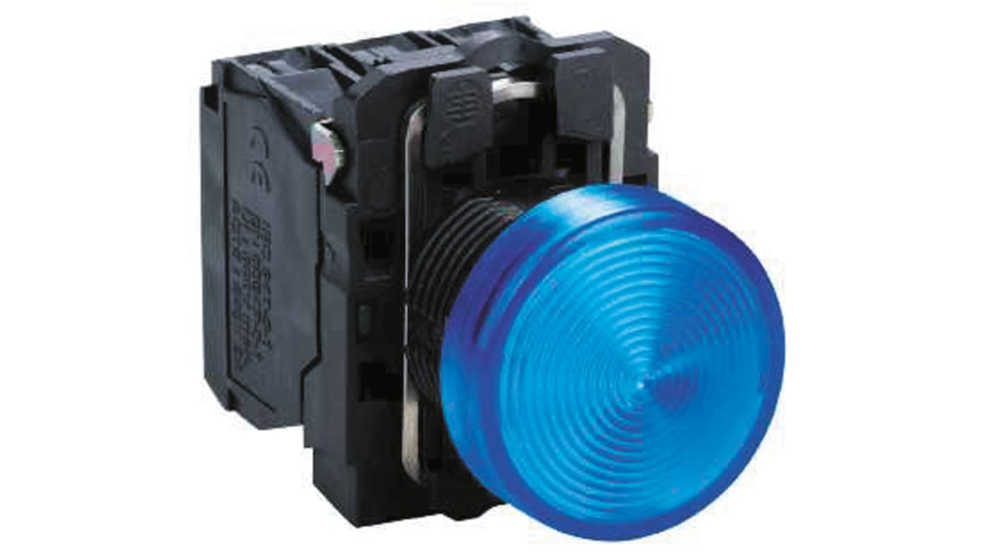 Spia luminosa blu Schneider Electric Harmony XB5, montaggio a pannello, diametro foro 22 mm, protezione IP66/IP67. Codice ZB5AV063S.
