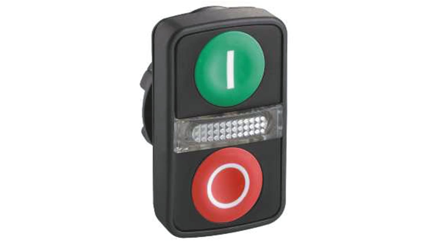 Testa pulsante doppia testa Schneider Electric ZB5AW7A3741 Harmony XB5, Nero, Bianco. Design rettangolare in plastica con ritorno a molla, IP66, IP67, IP69K. Per applicazioni professionali.