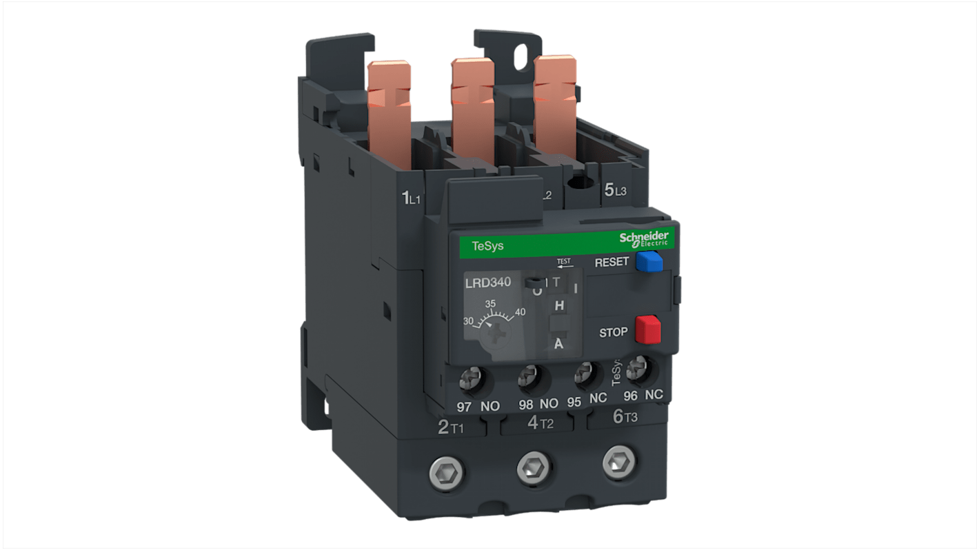 Relè di sovraccarico termico Schneider Electric LR3D340, 40 A, montaggio su guida DIN, dimensioni 123x55x70 mm, con indicatore innesco e ripristino manuale/automatico.