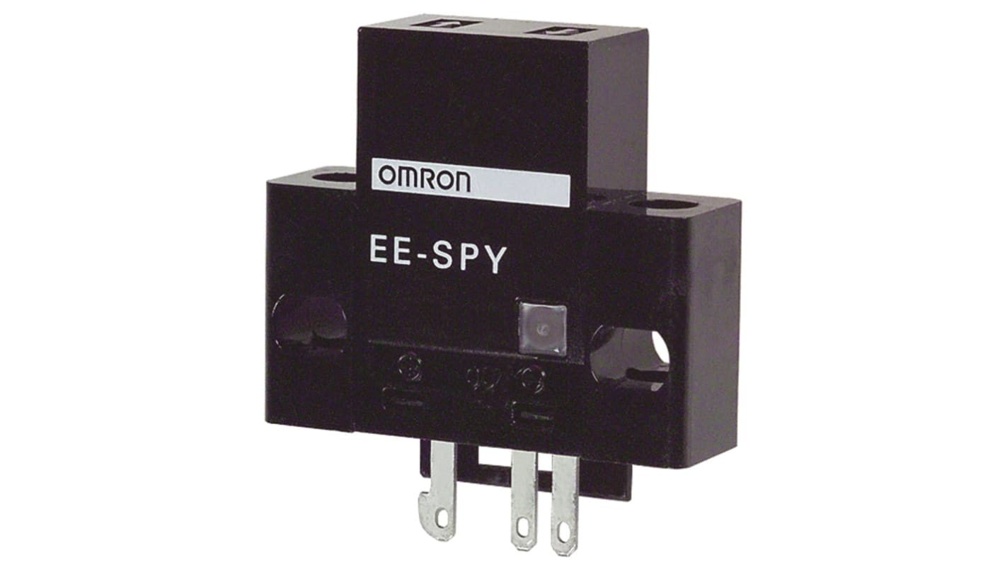 Sensore fotoelettrico rettangolare Omron EE-SPY411, rilevamento da 2 mm a 5 mm, uscita NPN, grado di protezione IP50.