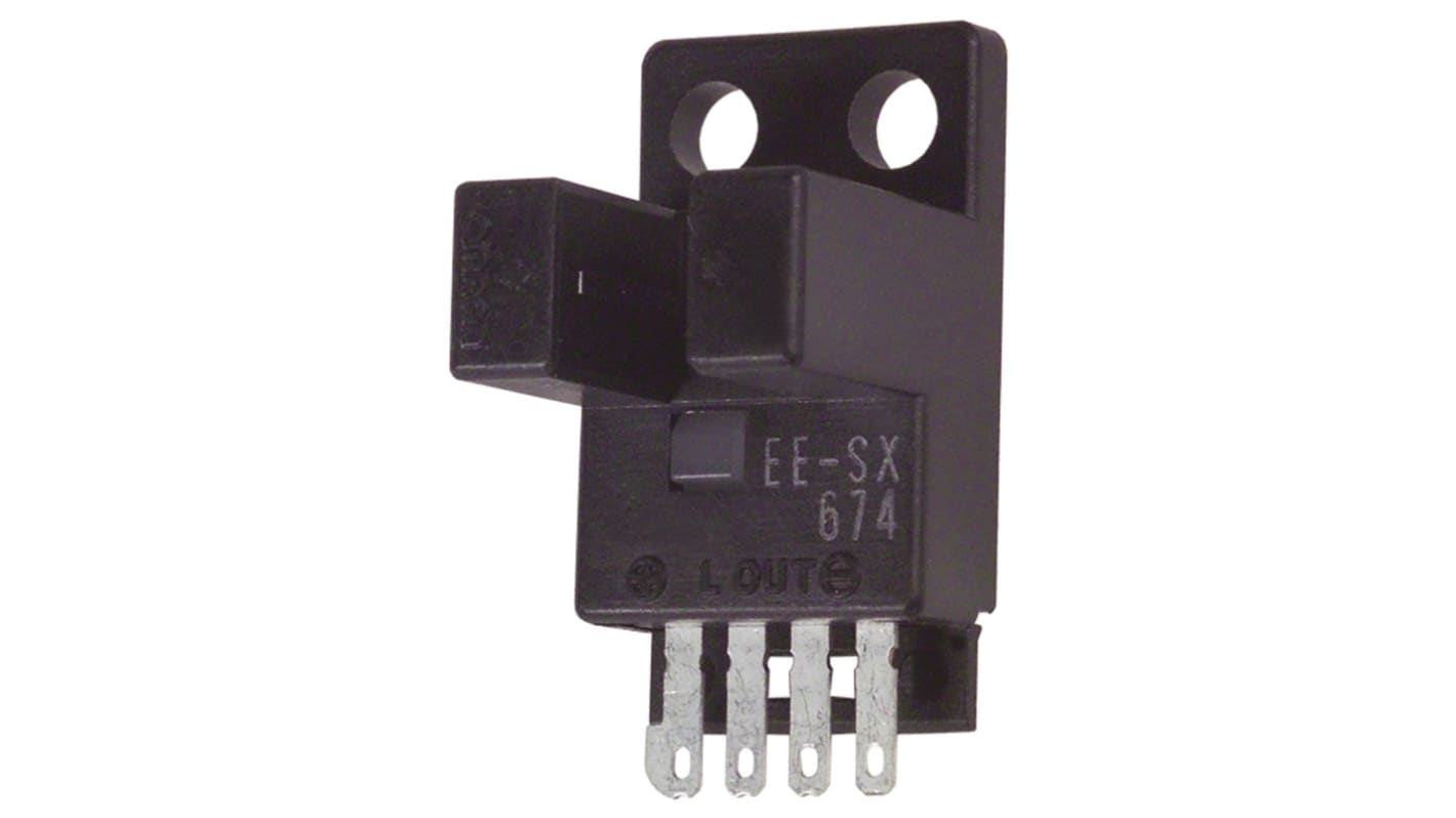 Sensore fotoelettrico a forcella Omron EE-SX674, rilevamento 5 mm, uscita NPN, alloggiamento plastico, indicazione LED.