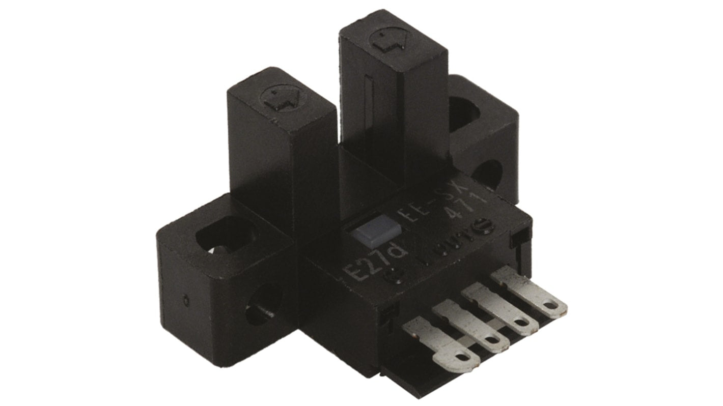 Omron EE-SX471, sensore fotoelettrico a forcella con rilevamento a 5 mm, uscita NPN, alloggiamento in plastica nera.