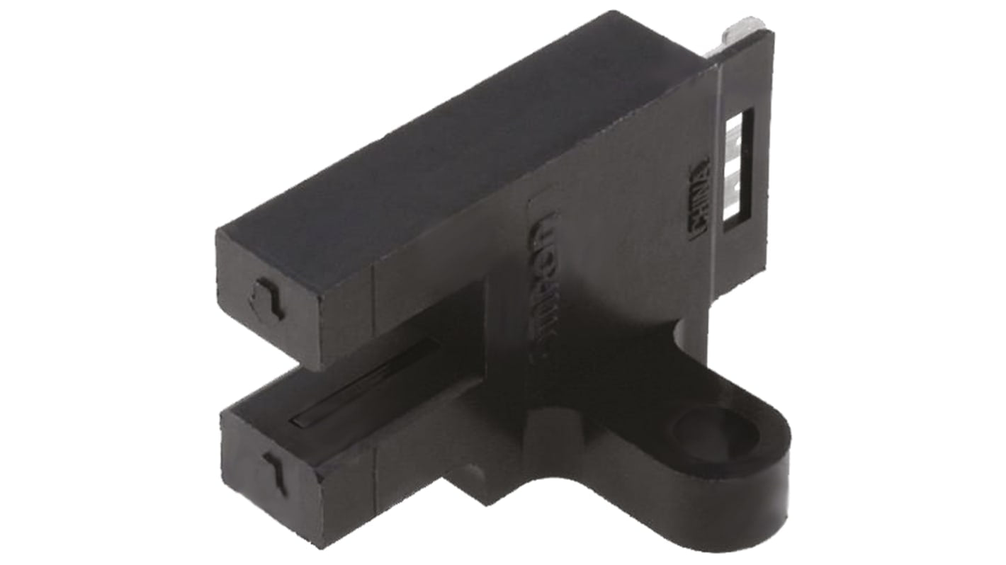 Omron EE-SX675, sensore fotoelettrico a forcella con rilevamento di 5 mm, uscita NPN, alloggiamento in plastica nera e LED indicatore.