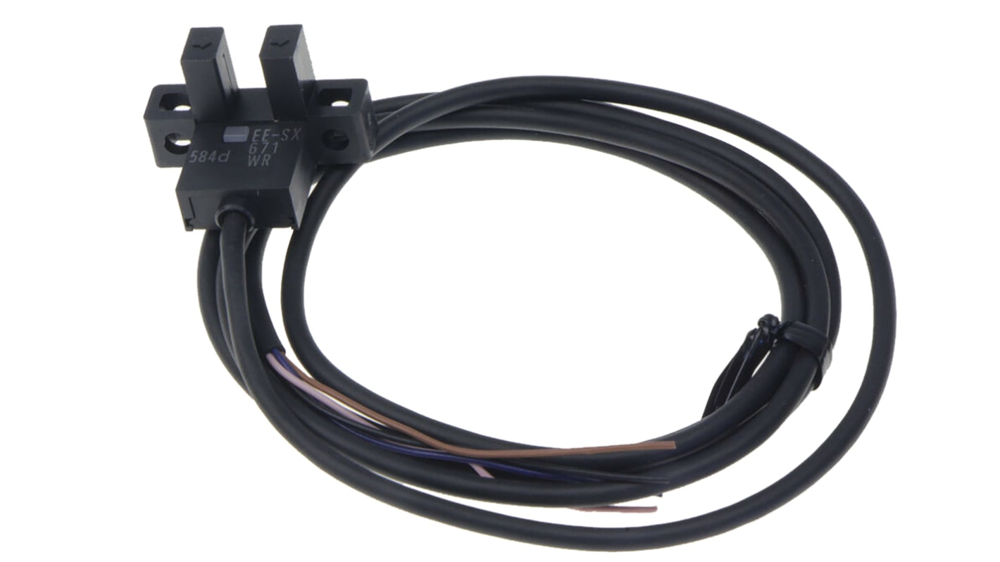 Sensore fotoelettrico a forcella Omron EE-SX671-WR 1M, rilevamento 5 mm, uscita NPN, grado di protezione IP50.