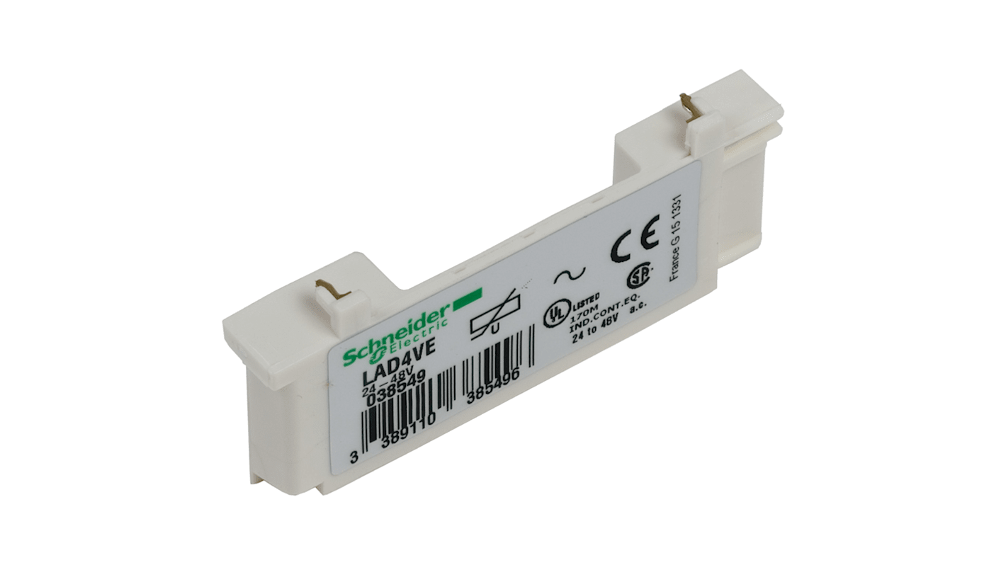 Soppressore di sovratensioni Schneider Electric LAD4VG, compatibile con relè Tesys e contattori LC1D09-38, montaggio su guida DIN.