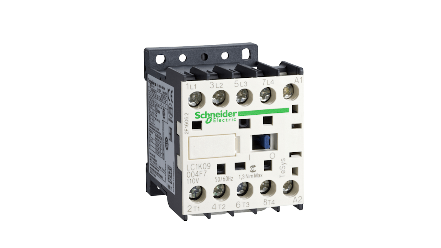 Contattore Schneider Electric LC1K09008F7, 3 poli, 9 A, bobina 110 V c.a., dimensioni 58x45x57 mm, conforme a standard internazionali.