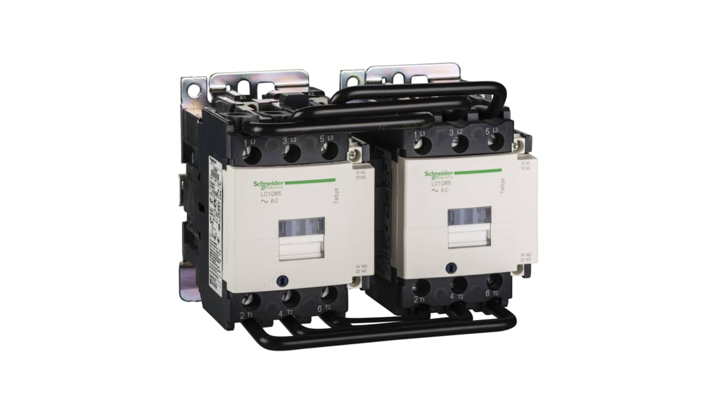 Contattore reversibile Schneider Electric LC2D65P7, 3 poli, 65 A, montaggio a pannello, dimensioni 127x165x142 mm.