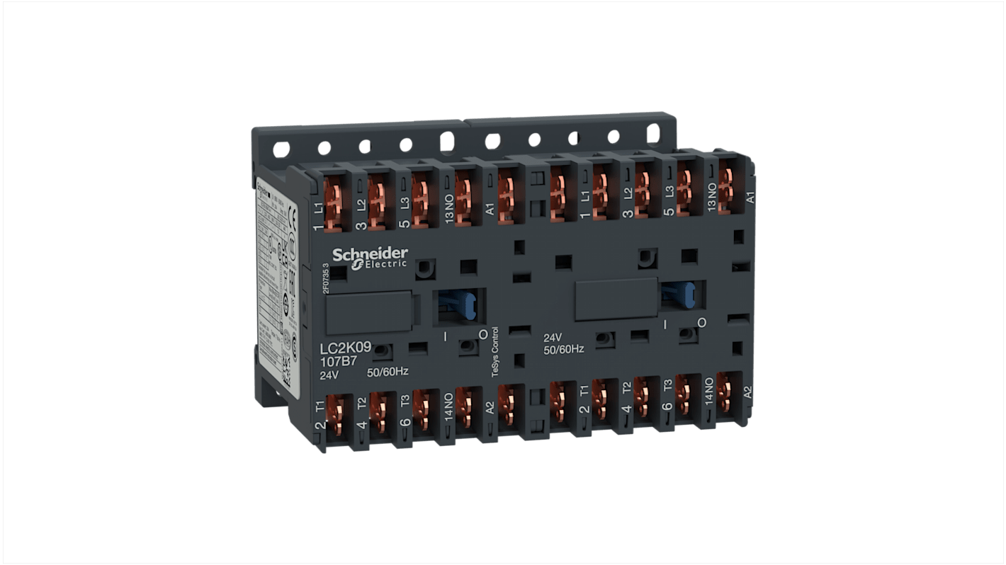 Teleinvertore reversibile Schneider Electric LC2K09107B7, 3 poli, 9 A, montaggio su guida DIN, dimensioni 58x90x57 mm.